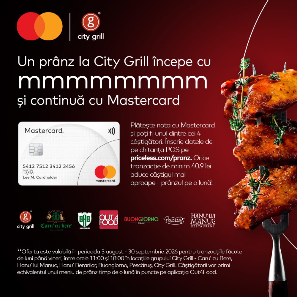 Mastercard and City Grill promo banner featuring a roasted chicken skewer on the right and Romanian invitation text about paying with Mastercard.