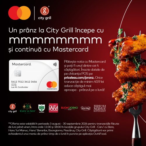 - Restaurant Pescăruș Mastercard and City Grill promo banner featuring a roasted chicken skewer on the right and Romanian invitation text about paying with Mastercard.