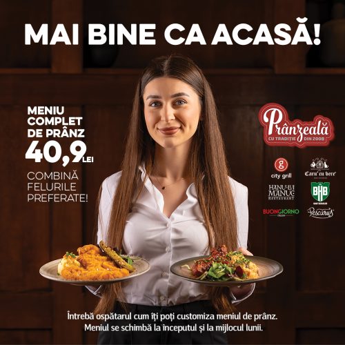 - Restaurant Pescăruș Smiling woman holding two plated dishes in a restaurant ad, with bold Romanian text promoting lunch for 40,9 lei and brand logos to the side.