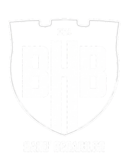 Shield-shaped emblem in black with a white border, featuring large white letters 'BHB' with a central vertical element, '1914' above, and stylized text at the bottom.