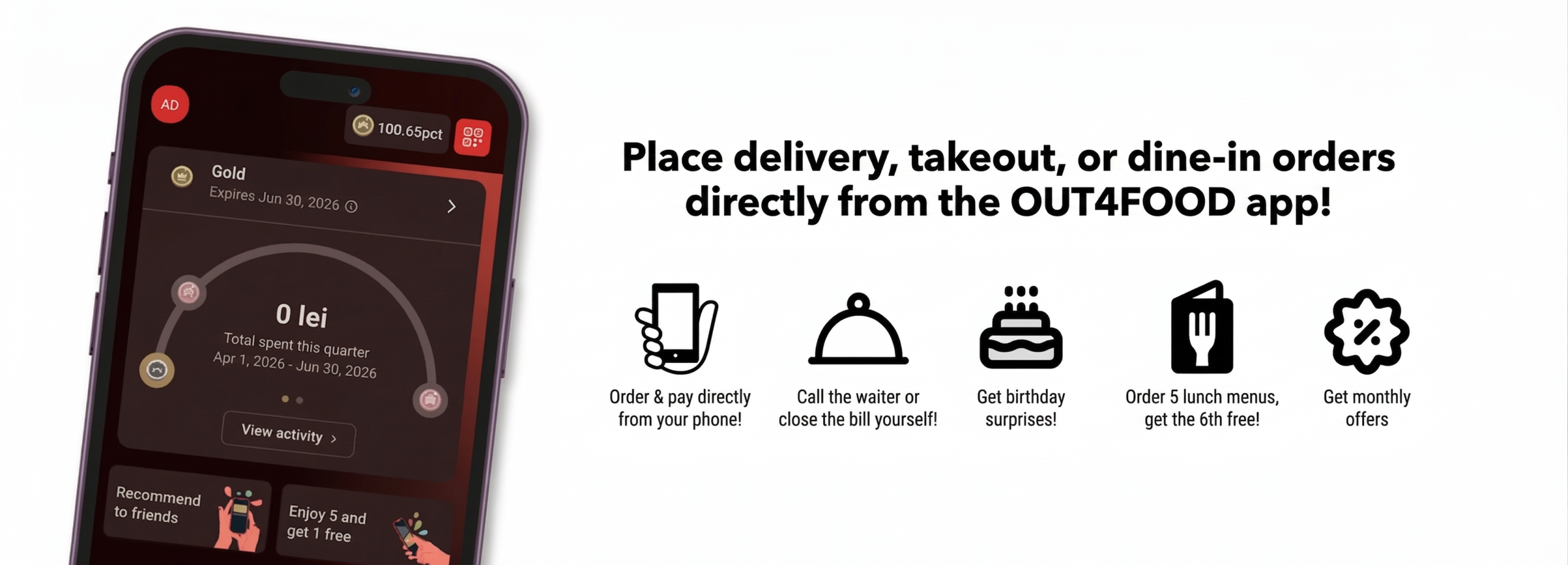 Ad banner promoting the OUT4FOOD app: left shows a phone screen, right lists five feature icons for ordering, waiter call, birthday surprises, lunch deal, and monthly offers.”,