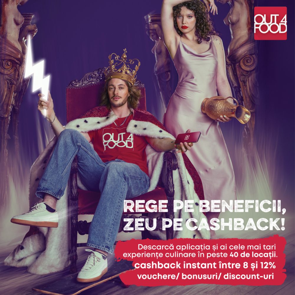 Man wearing a crown sits on a throne, holding a glowing bolt and a pink phone, with a woman in a satin dress beside him; bold cashback promo text on the bottom right.