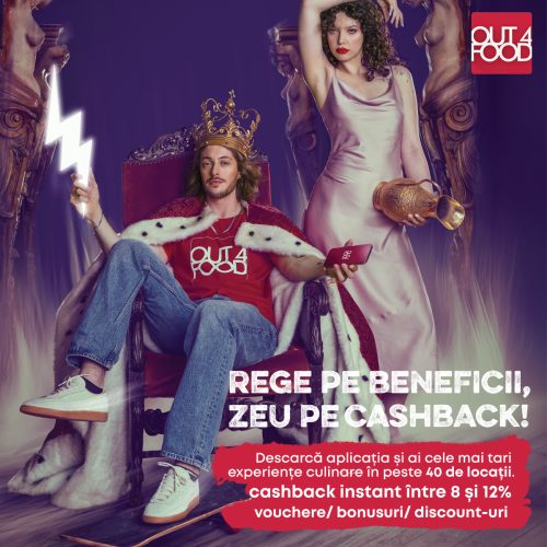 - Restaurant Pescăruș Man wearing a crown sits on a throne, holding a glowing bolt and a pink phone, with a woman in a satin dress beside him; bold cashback promo text on the bottom right.