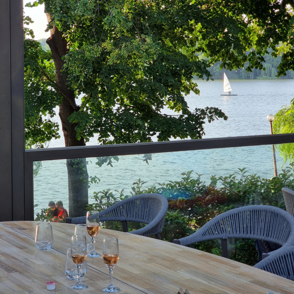 Outdoor lakeside dining table with wine glasses and blue wicker chairs, overlooking a tree and calm lake with a distant sailboat.