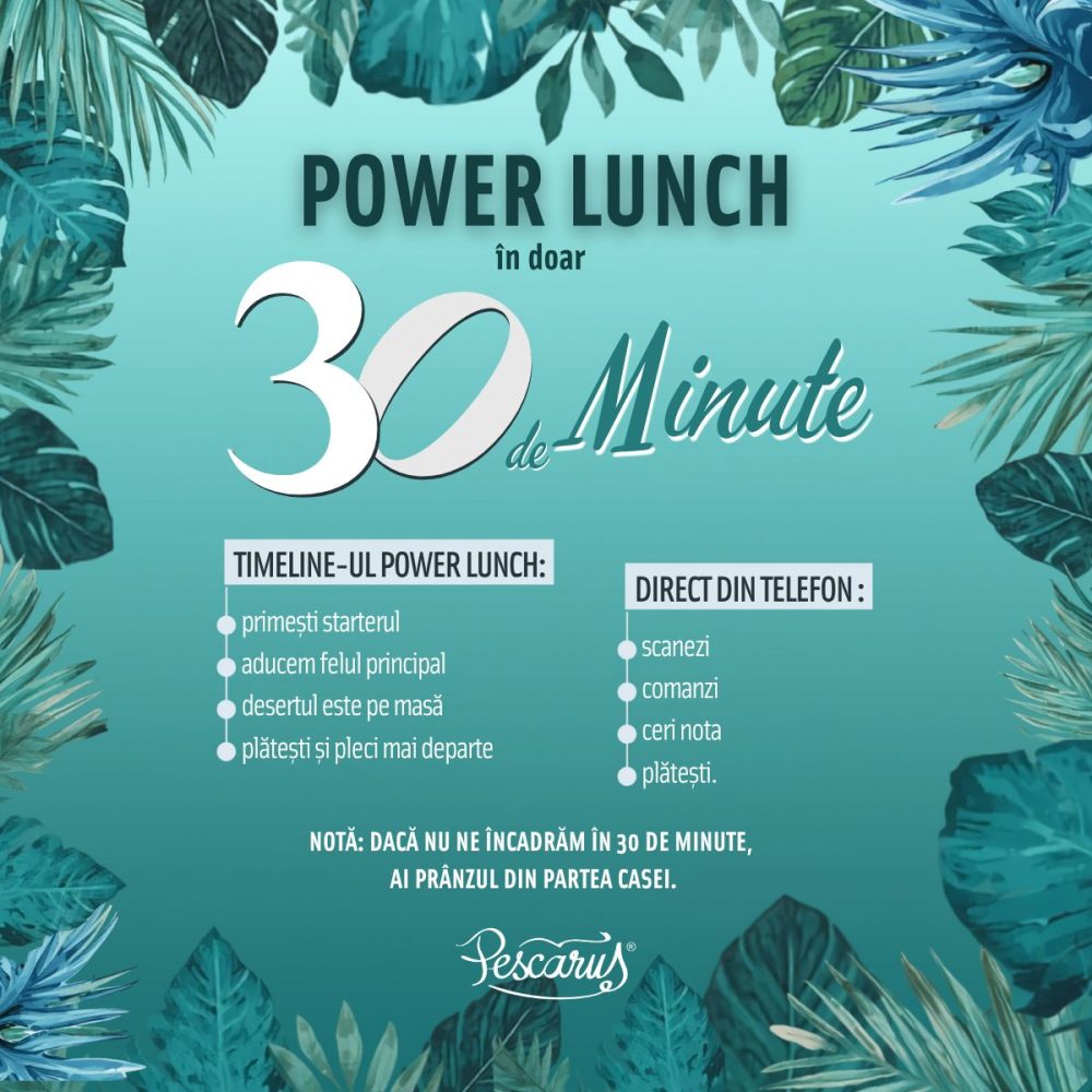 Promotional poster for 'Power Lunch în doar 30 de minute' showing two ordering paths: in-store timeline and order by phone.