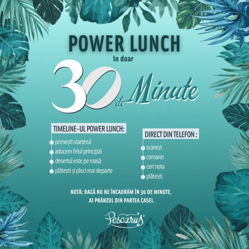 Promotional poster for 'Power Lunch în doar 30 de minute' showing two ordering paths: in-store timeline and order by phone.