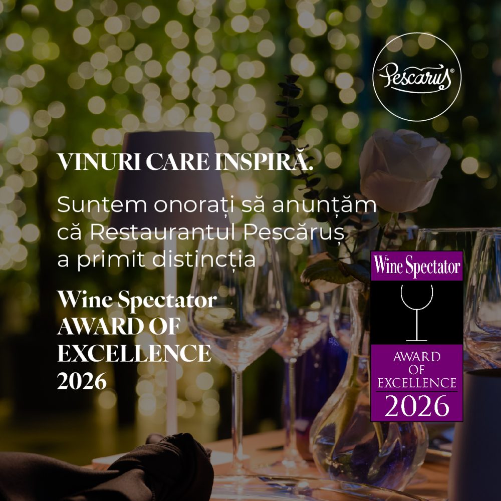 Anunț: Restaurantul Pescarus primește Wine Spectator Award of Excellence 2026, pe o masă festivă cu lumini decorative in background.