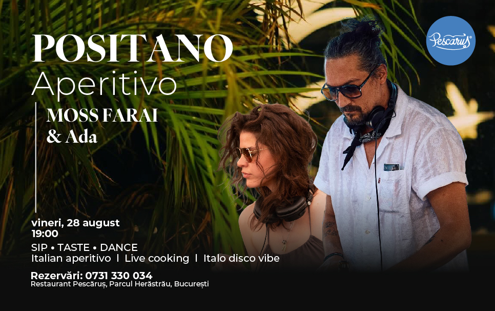 Promotional poster for Positano Aperitivo with Moss Farai & Ada, showing two people in sunglasses and event details