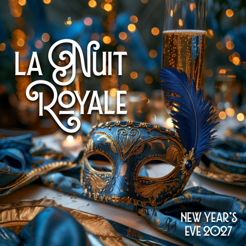 Untitled design - 2026-08-27T165138803 - Restaurant Pescăruș Promotional image for New Year’s Eve 2027 featuring a blue and gold masquerade mask and a champagne flute with festive lights, text reads 'LA NUIT ROYALE'.