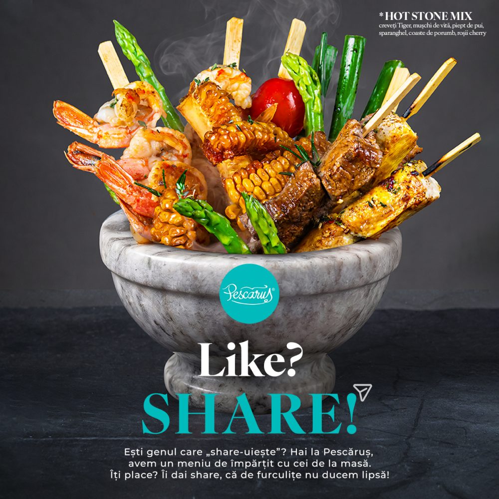 Skewered seafood and vegetables in a stone bowl with Pescarius logo and the caption 'Like? SHARE!' encouraging engagement.